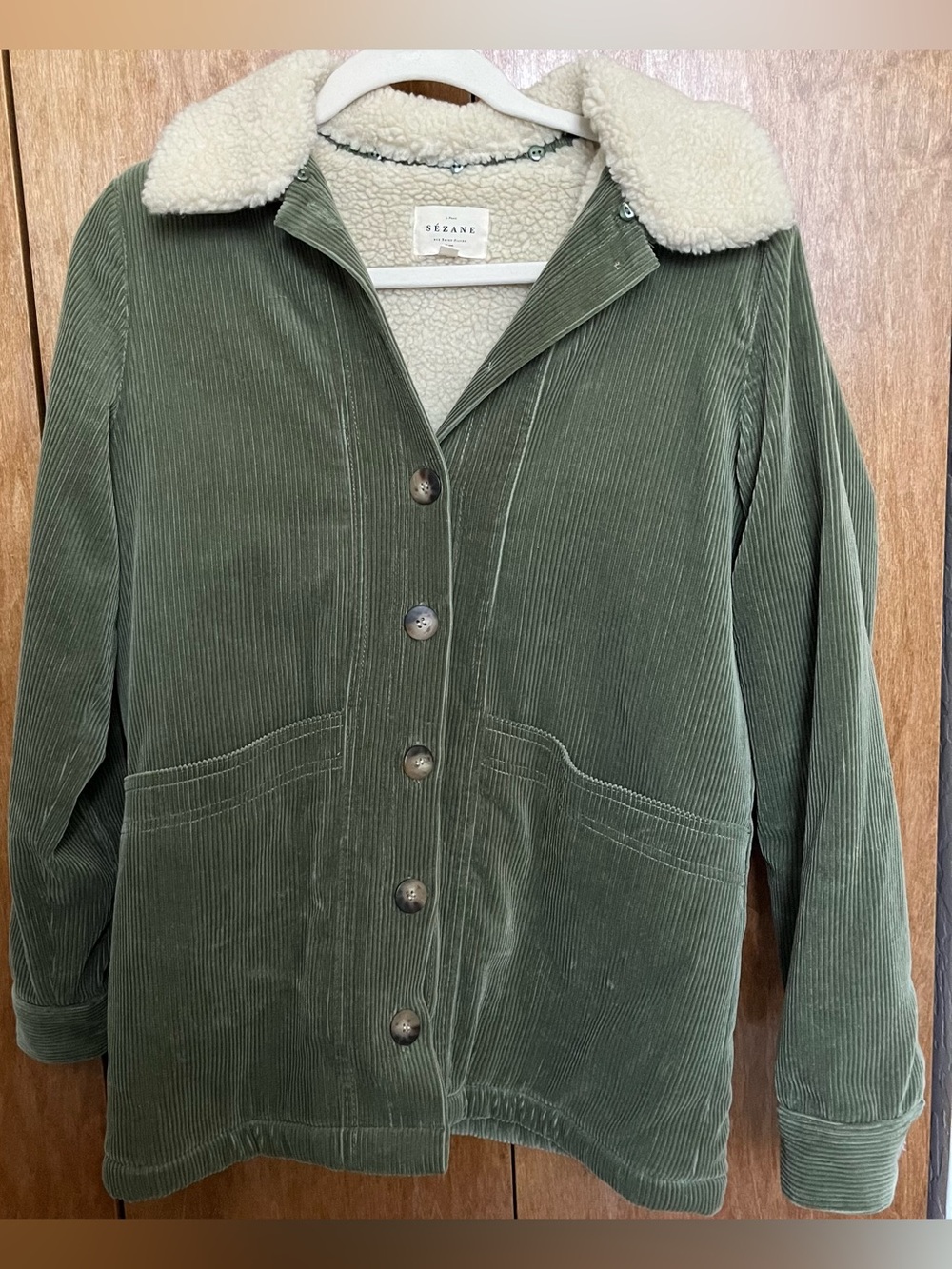 Sezane Green Corduroy Sherpa Collar Jacket